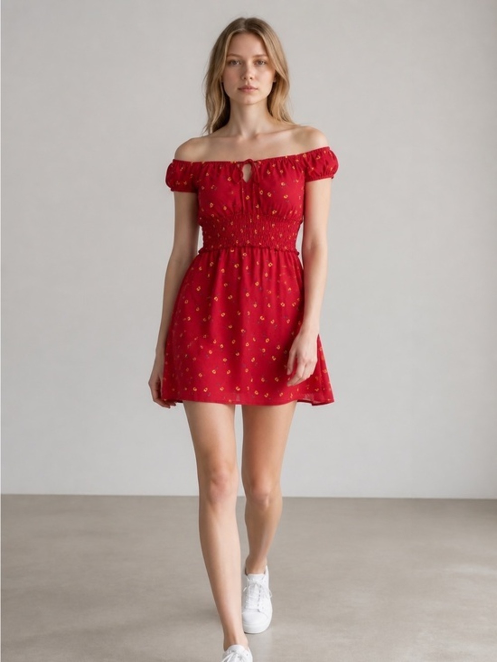 Red Floral Off-Shoulder Mini Dress